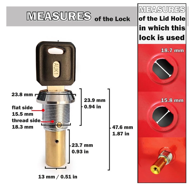 ACKSTAR Store Gumball Machine Lock and Key - Top Lid Lock & Key for Gumball Vending Machine with Metric Thread M6-1.0 mm Center Rod. 2in Capsule Machine & Candy Machines - Replacement Part - (2pc-Flat Key Auk 1) - Image 4